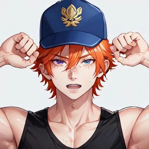 Prompt: Erikku male (short ginger hair, freckles, right eye blue left eye purple) muscular, UHD, 8K, Highly detailed, insane detail, best quality, high quality. hands in the air, wearing a sideways baseball cap