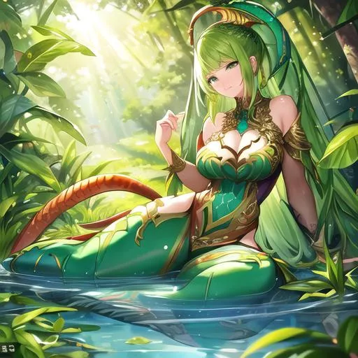 Prompt: (masterpiece, illustration, trending on artstation, best quality:1.5) beautiful reptile female nymph, with human body, lizard tail, claws and scales, in a swamp, with sun peeking trough the trees, beautifully detailed background, vibrant colors, ((full body)) {{good looking}} {{cute}} {{good body}} {{tight}}, cinematic, ((studio lighting)), 64K, UHD