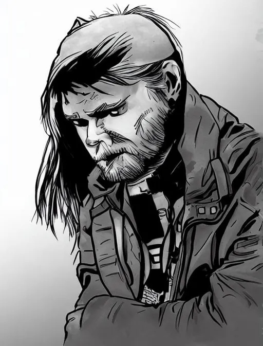 Prompt: One character, Robert Kirkman art style, black and white, sketch, comic illustration