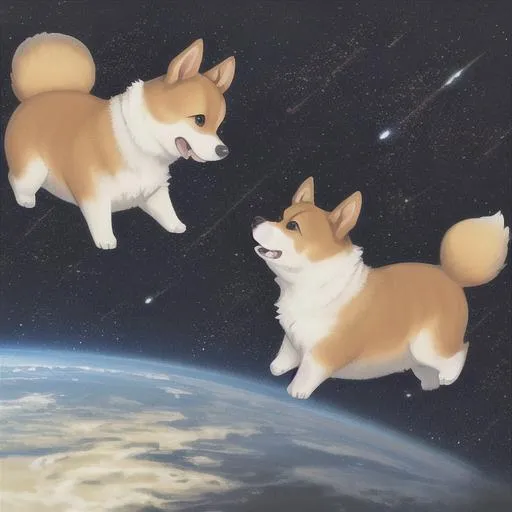 Prompt: fine art, corgi in space