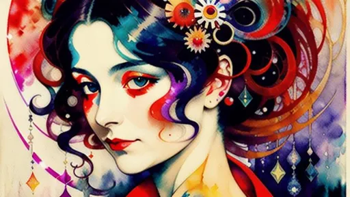 Prompt: Lady in red, smudge, splash, stain, watercolor, alphonse mucha, rococo, iridescent, synesthesia, mysterious, vapor, whimsical, noctilucent, karol bak, sonia delaunay, takashi murakami, ralph steadman, mixed media, symbolist painting