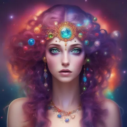 Prompt: Colorful and beautiful Persephone with hair that is made out of the cosmos, eyes made of jewels.