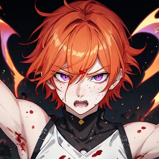 Prompt: Erikku male adult (short ginger hair, freckles, right eye blue left eye purple) UHD, 8K, Highly detailed, insane detail, best quality, high quality,  anime style, in purgatory, angry, fighting, covered in blood