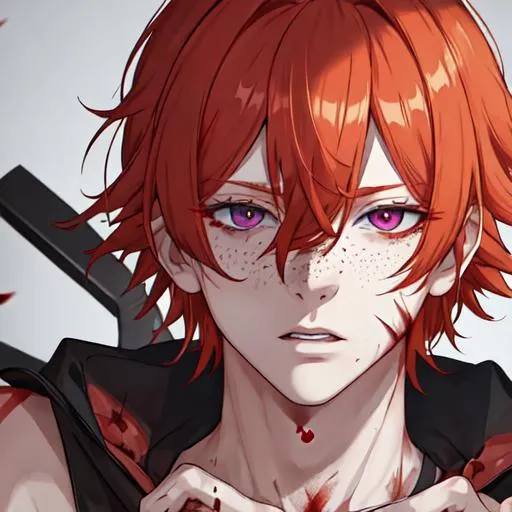 Prompt: Erikku male adult (short ginger hair, freckles, right eye blue left eye purple)  UHD, 8K, insane detail anime style, covered in blood, psychotic, covering his face with his hands, face covered in blood and cuts, blood highly detailed