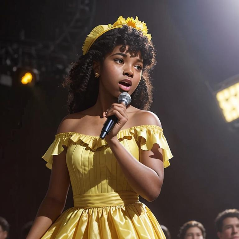 A young black girl singing on a stage with a flowing... | OpenArt