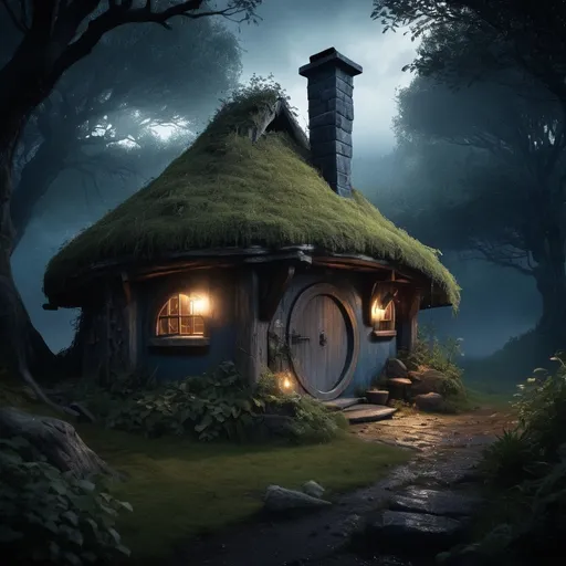 Prompt: Weathered, fantasy RPG style hobbit hut in forest, high res, eerie atmosphere, dark mood, heavy rain, detailed structure, detailed foliage, various trees, high quality, detailed, RPG, fantasy, weathered, atmospheric lighting, dense foliage, diverse trees, rustic, dark blue tones, smoke from chimney, night, dramatic view, seen from distance