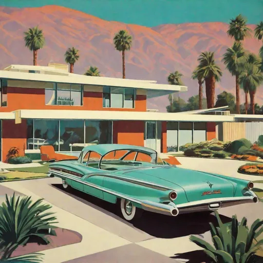 Late 1950s Palm Springs style retro-futuristic suburb
