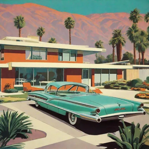 Prompt: Late 1950s Palm Springs style retro-futuristic suburb