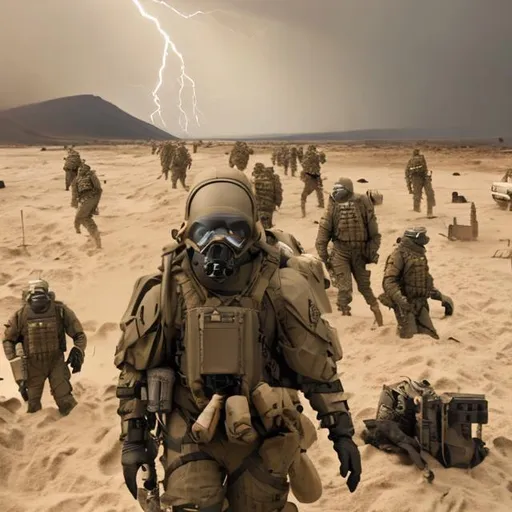 Prompt: scifi, military convoy, navy seals, hazmat masks, army, armor, sand storm, high winds, hard lightning, lava rivers, hurricane