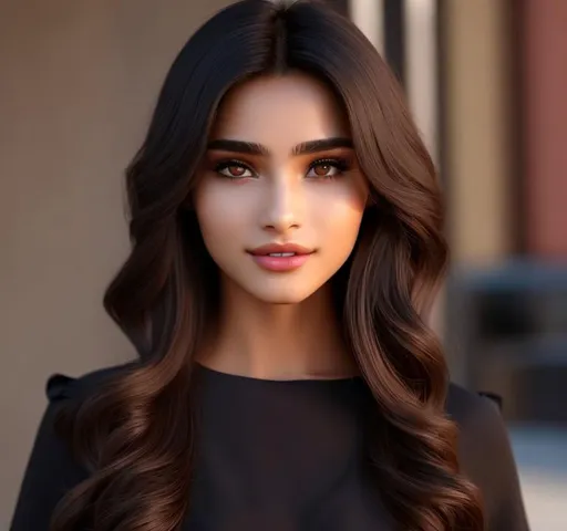 Prompt: perfect girl with black shirt, italian nose, heart-shaped lips, perfect chiseled face, long brown hair styled to the side, oval face, weight 53 kg, height 168 cm, 17 years old close-up rear view mid-length, body perfect, beautiful body, eager, highly detailed, octane rendering, cinematic, highly detailed production cinematic character rendering, vibrant, ultra high quality model, 8k ultra HD, (small chest), visible full body, glow