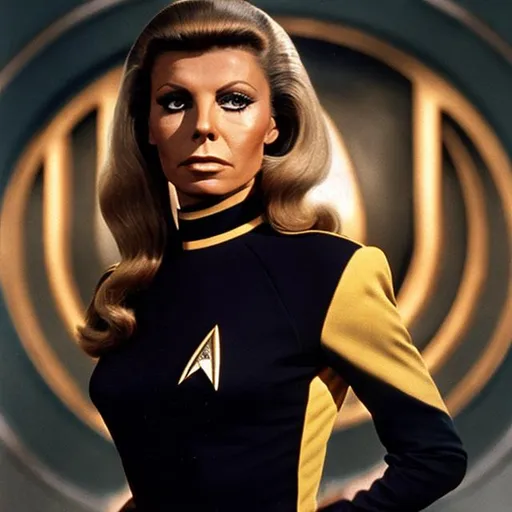 Prompt: A portrait of Nancy Sinatra, wearing a Starfleet uniform, in the style of "Star Trek the Next Generation."