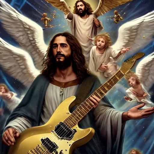 Prompt: alvmahn playing The Quint Guitar, dressed like jesus, surrounded by flying cherubs, all in gold encrusted with emeralds