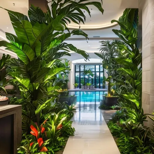 Prompt: An hotel interioscape layout with tropical plants including Aglaonema Silver Bay plants around decorative fountains