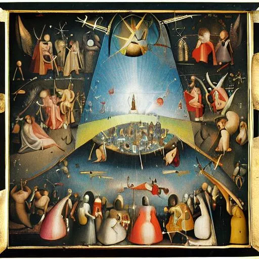 Prompt: Divine kabbala symbolism in cosmic abstract Rays beyond horizon by Hieronymus Bosch 