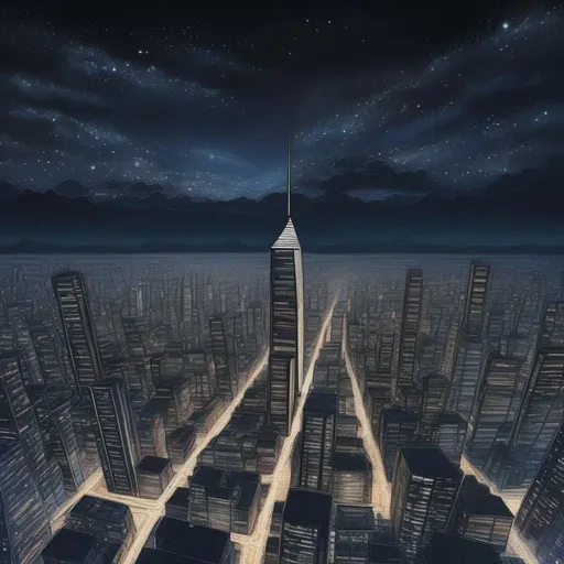 Prompt: photograph of aerial view of sky scrapers at night, dark night sky, starry sky, highly detailed, dark tones, HD, 8k, colored pencil sketch art