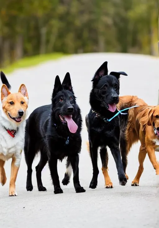 Prompt: Four dogs walking to the left of the picture