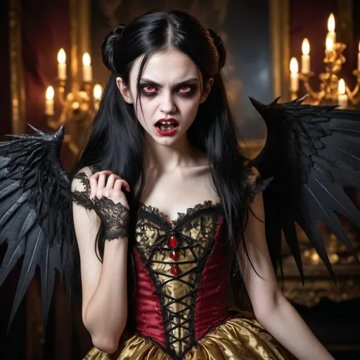 Prompt: extreme agressive vampire girl, showing fangs like a predator, in an golden rococo dress like a rag, tattered, with long black hair, fangs, girl 12 years old, red eyes, dark red lips and long pointed black fingernails, big black wings like an angel of death, detailed hair, professional lighting