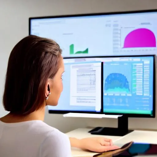 Prompt: realistic view of a female computer professional of caucasian descent at his computer, with computer screen showing dashboard with good performance, in office setting, with diverse race of people in the background 