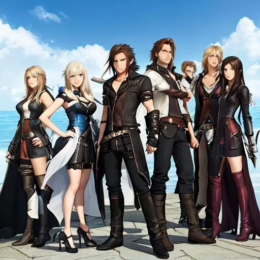 Prompt: An innocent Final Fantasy group photo with Squall, Rinoa, Seifer, the Sorceress, Zell, and Irvine