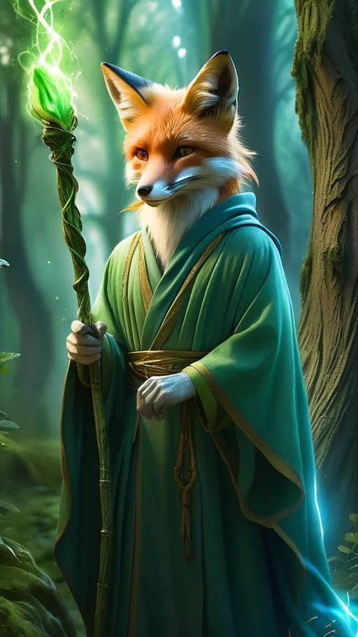 Prompt: a fox dressed in a green robe holding a staff in a forest with a blue lightning effect in it,  Cedric Seaut (Keos Masons), official art, concept art