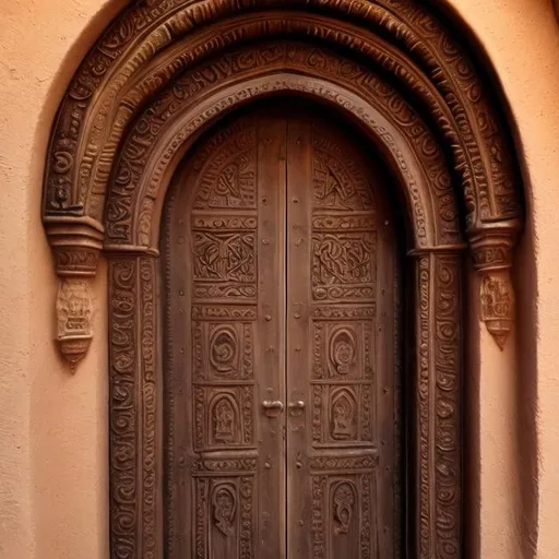 Prompt: secret arched wooden door in the wall of a desert mountain,  lion door knocker, style of From Software
