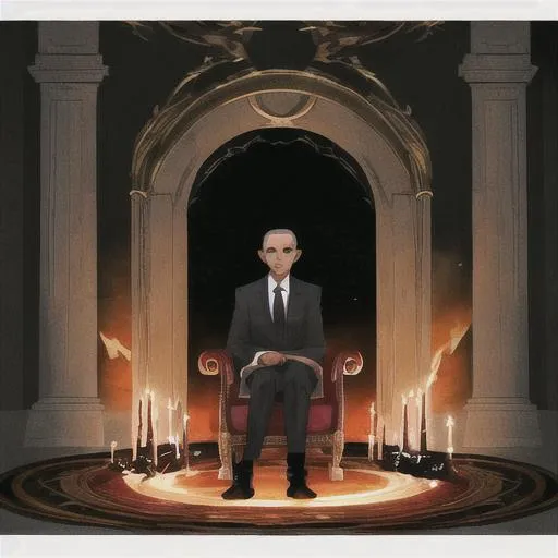 Prompt: Obama sitting in a chair at the end of a grand hall in the dark with fire behind him, hd face