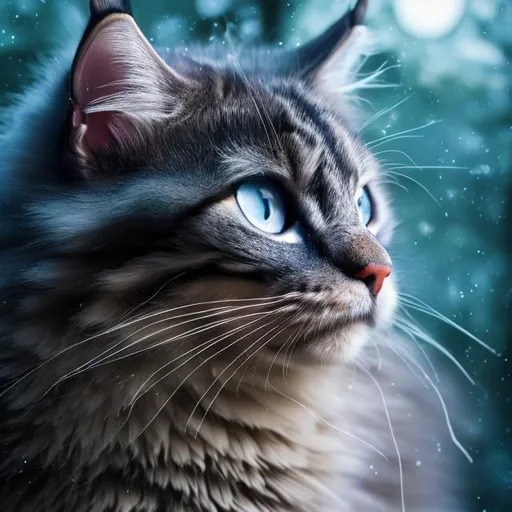 Prompt: highly detailed norwegian forest cat, highly detailed eyes, highly detailed cat fur, high resolution scan, 64k, UHD, HDR, hyper realistic, canon EOS R5, canon EF 300mm f/5.0 ii, unreal engine, neon lighting, forest context, 3D illustration, crystal clear eyes, moon background, close up shot.