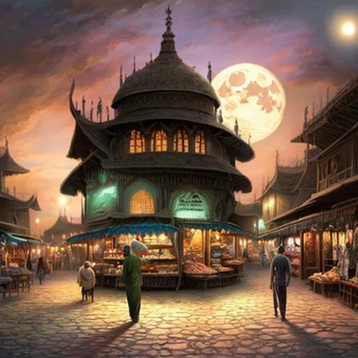 Prompt: concept art, fantasy, full moon, town near salt flats, market bazaar