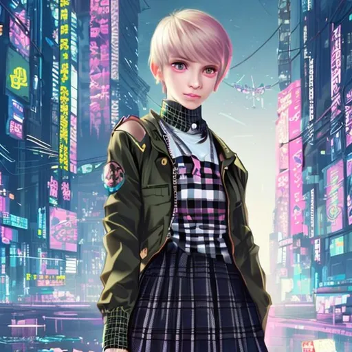 Prompt: cyberpunk young blonde girl with a pixie cut in a plaid skirt school uniform