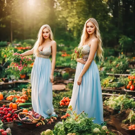 Prompt: 25 years old traditional dress Finnish busty bare woman, perfect round cute face, very long blonde hair, gathering vegetables in flourishing nature, vegetable garden, sunshine, waterfall, pond, magical forest, colorful flowers, blue sky, award winning photography, 8k