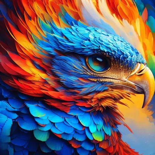 Prompt: beautiful blue fiery phoenix hawk, rainbow colors, sparkling eyes, expressive eyes, big flowing fiery feathers, beautiful feathers, sharp features, highly detailed, digital painting, artstation, concept art, smooth, sharp focus, illustration, art by greg rutkowski