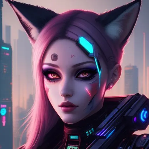 Prompt: fox human hybrid beautifull face cyberpunk