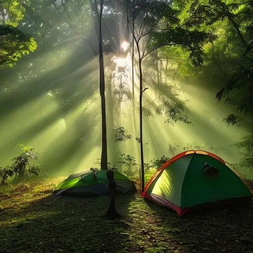 Prompt: I want to have picture of a morning in a jungle while there is a smoke under the rays of sunlight, there is a tent where a backpacker stayed the night in. The salient colors are green and dark green.
