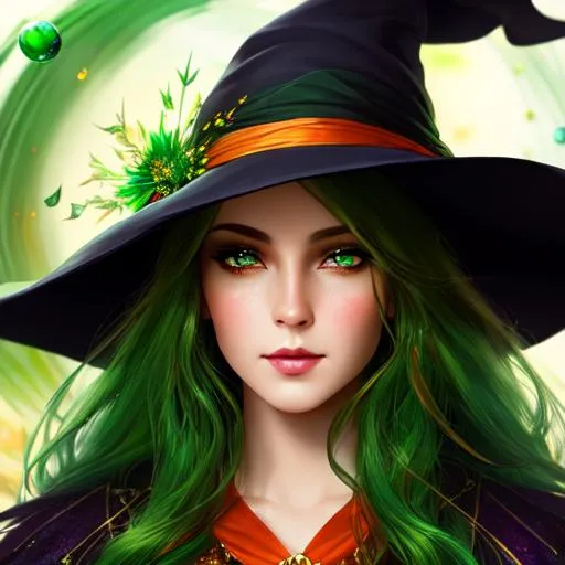 Prompt: beautiful witch with green skin, attracting and object with telekinesis, her green eyes seem to apear sparkling, red flowing hair with orange highlights, oil painting, UHD, 8k, Very detailed, cinematic, realistic, photoreal, trending on artstation, sharp focus, studio photo, intricate details, full body