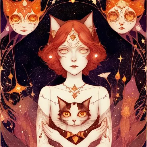 Prompt: She is every nice cats thrown open at once under an endless screaming of stars. illustration by virginia frances sterrett. fairy princess, sparkling red hair, dripping amber sap, constellations, eldritch, magical, delicate face, watercolor, smooth, sharp focus, illustration, art by Steve stento, Agnes Cecile & kay nielsen & natalia fabia & leon bakst & seb mckinnon