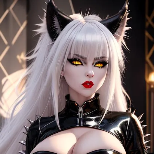 Prompt: demon girl, evil, vicious, vixen, dominatrix, full body pose, explicit , black sclera, yellow cat eyes, big gray lynx ears, blonde spiky long loose wild hair, pale skin, sharp jaw, hyperrealistic golden cat eyes, hyperrealistic nose, hyperrealistic lips, ethereal, divine, goddess, black latex outfit, intricate facial detail, high quality, detailed face, intricate quality, hyperrealistic full body pose, hyperrealistic ethereal, highly detailed concept art, high resolution scan, hd octane render, intricate detailed, highly detailed face, unreal engine, trending on artstation, UHD, 8k, Very detailed