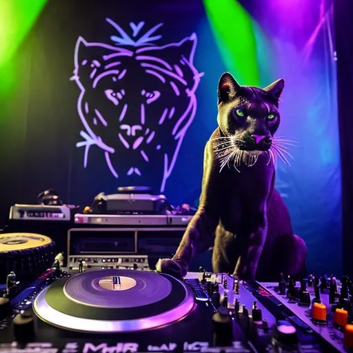 Prompt:  panther cat playing music in dj booth with a crown on cats head
