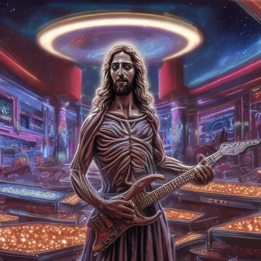 Prompt: Jesus playing double-neck atavachron for spare change in a busy alien mall, widescreen, infinity vanishing point, galaxy background, surprise easter egg