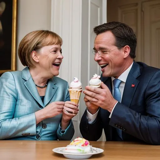 Prompt: Laughing Mark Rutte and Angela Merkel eat icecream