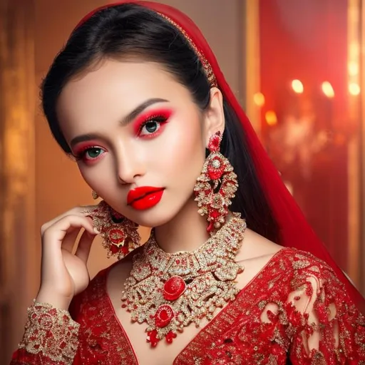 Prompt: Beautiful girl wearing red dress, AI, fined features, 8K, fair and glossy skin, big eyes, light makeup, red lips, nice diamond necklace set.