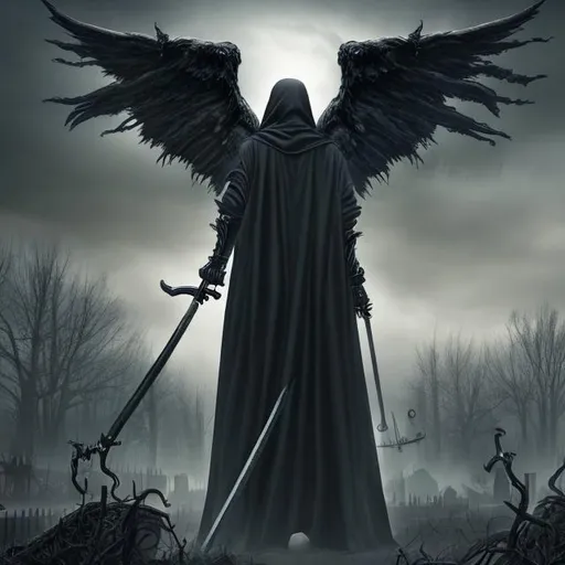Prompt: hyper realistic, grim reaper as angel of death with scythe, not showing face with gloomy colors with a feeling of evil. Background of dying trees, in graveyard
