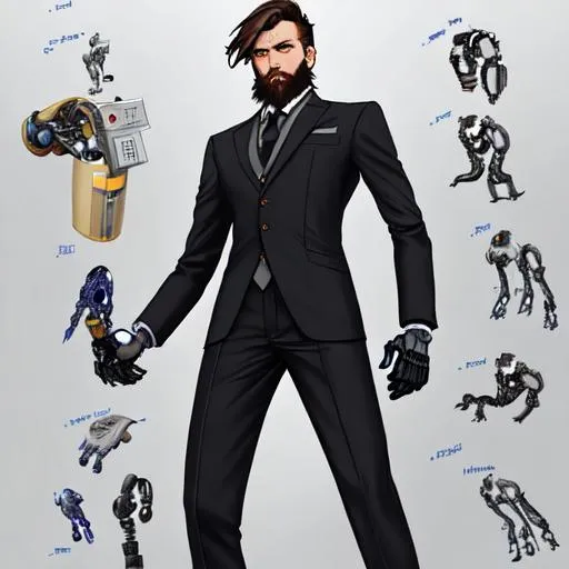 Prompt: male, brown hair with a grey streak, brown beard, blue eye, robotic arm and leg, wearing a  black suit , young, 