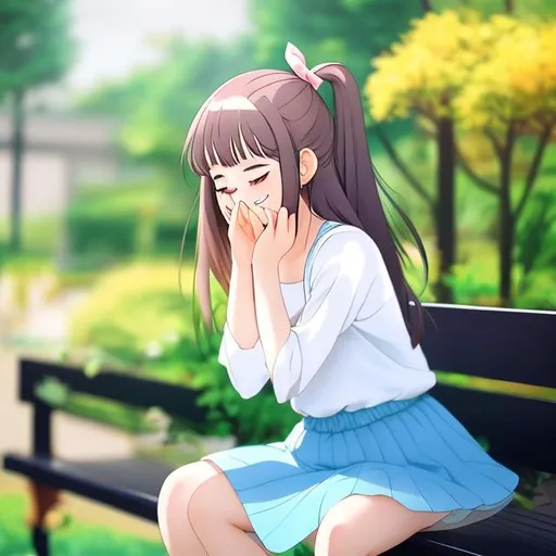 Prompt: girl crying sad  anime sitting on bench in garden 