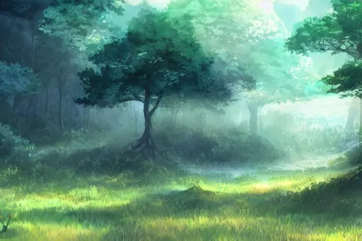 Prompt: a hd pc doodle wallpaper which has a forest and skyand soft colors in anime style 