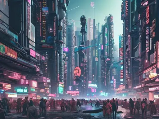 Prompt: Cyberpunk city  realistic crowded with people and robots 20k 