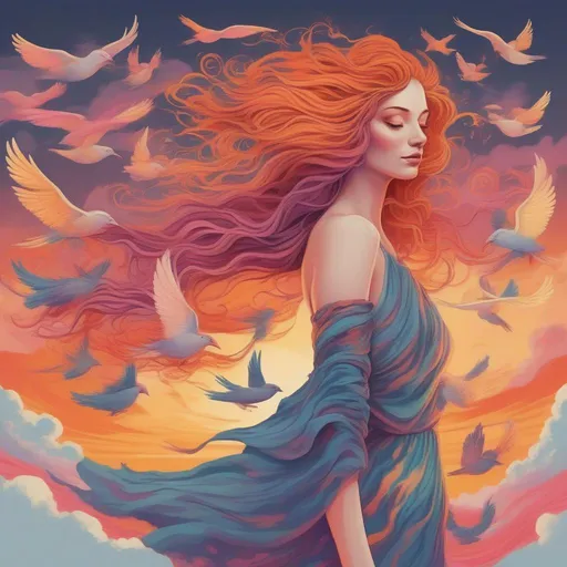 Prompt: colourful and beautiful Persephone with hair that is made out of a sunset with clouds and flying birds