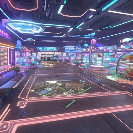 Prompt: A Futuristic Marketplace with many stores and holographic billboards.