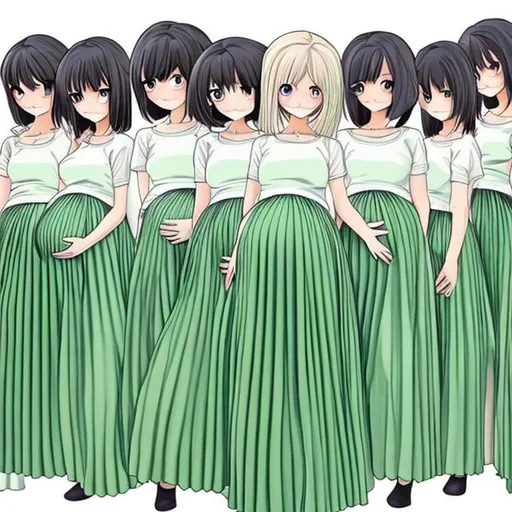 Prompt: There are multiple pregnant anime girls who are all wearing green pleated long skirts. The hair of the anime girls are long and straight.

The pregnant anime girls are holding their baby bumps.
