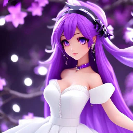 Prompt: 3d anime woman 4k beautiful dressed in a white dress and has purple hair and purple eyes and a purple room