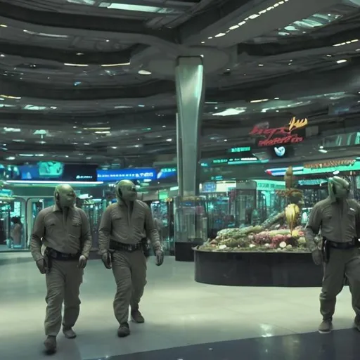 Prompt: Komodo Dragon security guards in a busy alien mall, widescreen, infinity vanishing point, galaxy background, surprise easter egg